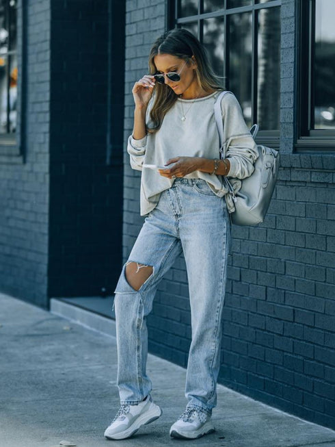 'Jemma' Asymmetric Distressed Jeans - Celes Fashion